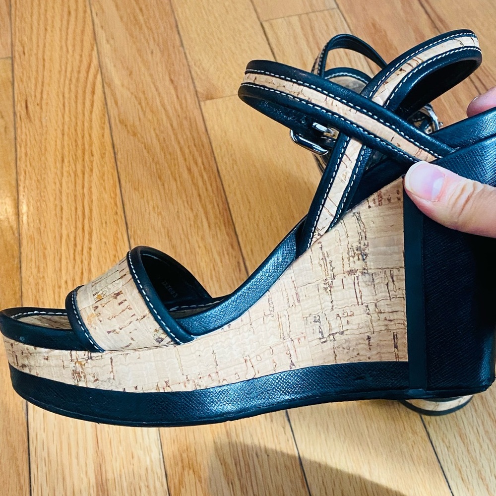 Prada Black and Natural Cork Wedge Sandals - Picture 7 of 16